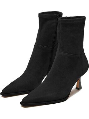 Women's Black Suede Pointed Toe Side Zip Comfortable Mid Calf Kitten Heel Boots